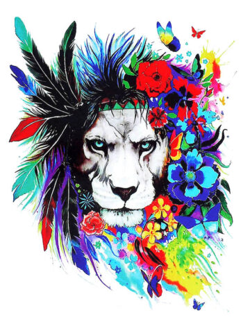 Tattoo-Forest: Tatouage Temporaire Lion Fleurs Couleurs