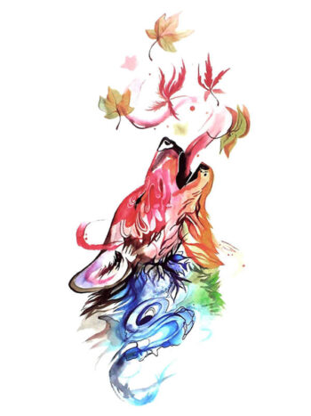 Tattoo-Forest: Tatouage Temporaire Loup Aquarelle Feuilles