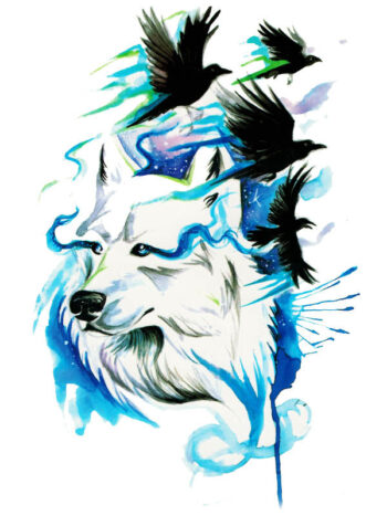 Tattoo-Forest: Tatouage Temporaire Loup Corbeaux Aquarelle