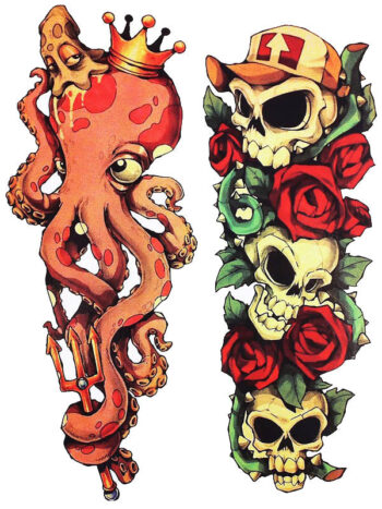 Tattoo-Forest: Tatouage Temporaire Pieuvre Crane Roses