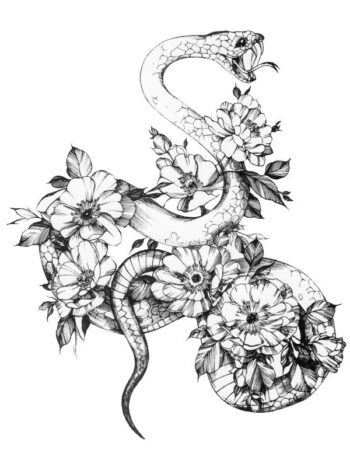 Tattoo-Forest: Tatouage Temporaire Serpent Fleurs Noirblanc